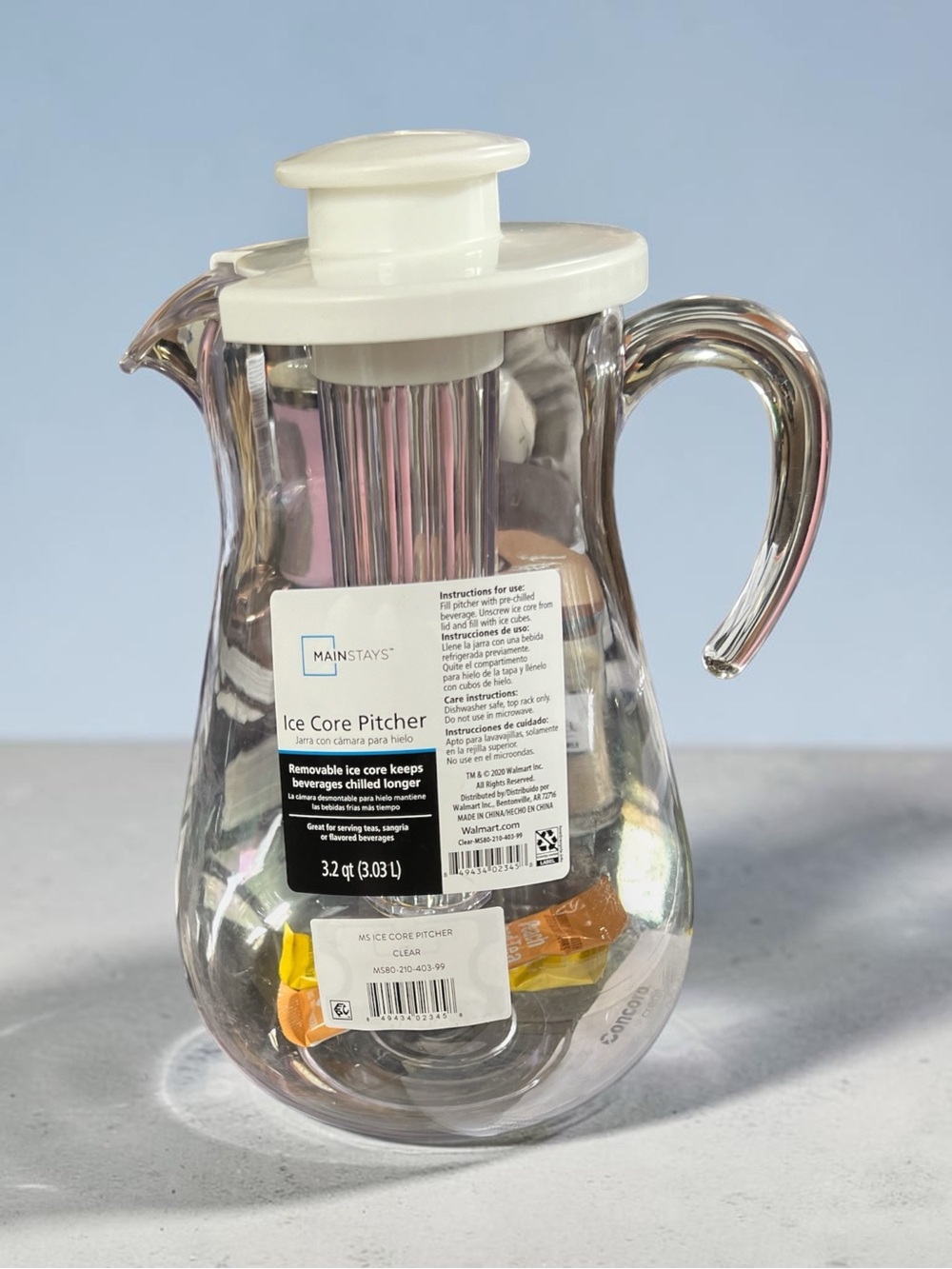Mainstays Clear Ice Core Pitcher with White Lid and Handle